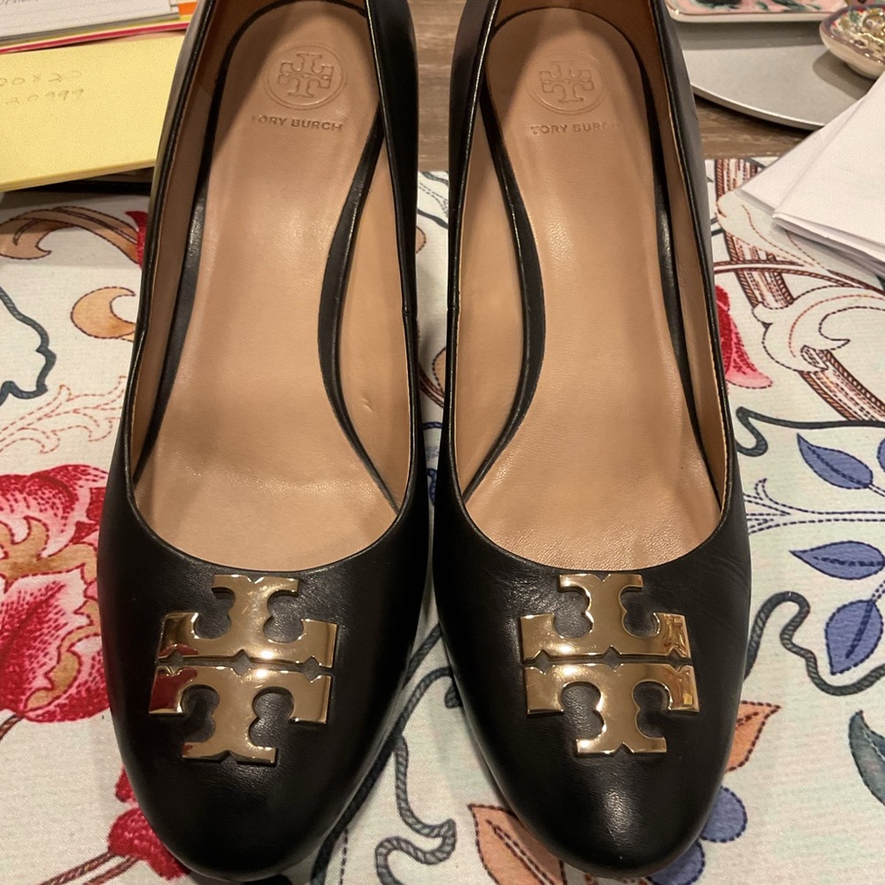 Tory Burch Black Leather Heels with Gold Logo